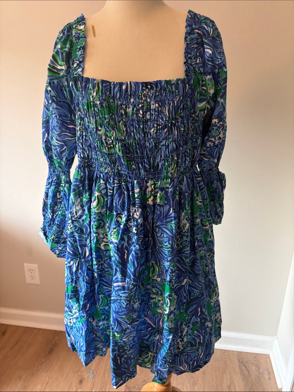 Lilly Pulitzer Blue & Green Smocked Square-Neck Dress